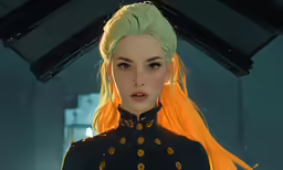 a female in a black outfit with yellow hair