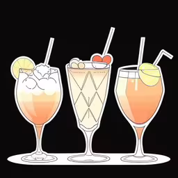 three cocktails, one is orange and one is red,three glasses of different types of drinks