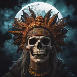 a skeleton wearing a headdress with feathers on his face