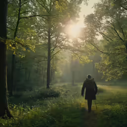 the woman in the forest looks at something to see