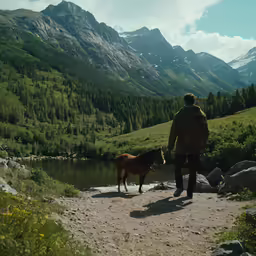 person walking along a trail with a horse beside the water