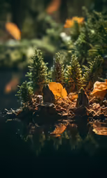 miniature trees are in the water next to rocks