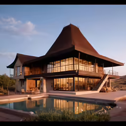 a very big house with a pool near it