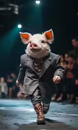 the pig in the suit is dancing on the runway