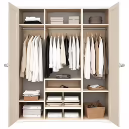 a tan closet with shelves and a few hanging clothes