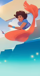 a woman in orange flying through the sky