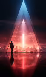 the silhouette of a person stands inside of an abstract pyramid