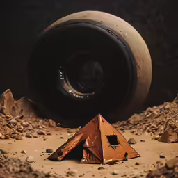 there is a small tent in the dirt with a large tire