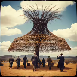 a group of men in uniform standing under a large straw umbrella