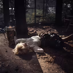 a woman laying on the ground in a wooded area