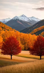an open field with tall trees with snow capped mountains in the background