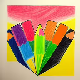 the art work is done in a variety of colors,a drawing of many crayons on top of each other,a drawing of pencils with different colors on paper,a painting with a rainbow of colored pencils,some colored pencils are shown in a drawing