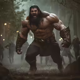 an animated scene of a man dressed in a fur - lined outfit with arms outstretched and eyes open as he walks through a forest