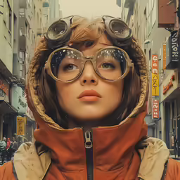 a young lady wearing large, thick framed glasses, with an orange jacket and a hood on