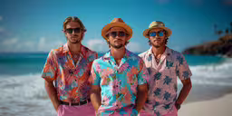 three men standing on the beach in their colorful clothing,two men standing on a beach with their arms crossed in front of them
