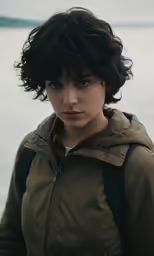 a girl wearing a green jacket is by a lake