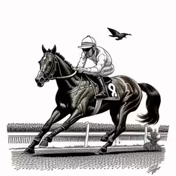 this is a jockey in uniform riding his horse,a horse running on a track near a bird