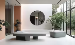 an open room has three benches and round mirrors