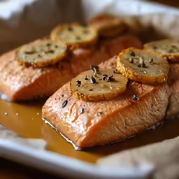 fish is sitting on a plate of food with sliced bananas and salt