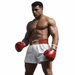man in boxer shorts with boxing gloves and red sneakers