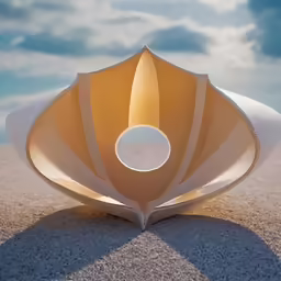 a large shell shaped sculpture sitting on top of a sandy beach