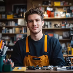 a man sitting at a table in front of a bookcase