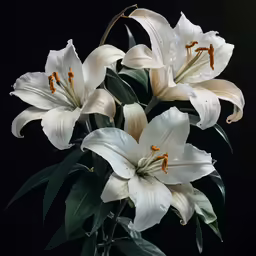 white lilys are in the black vase on the table