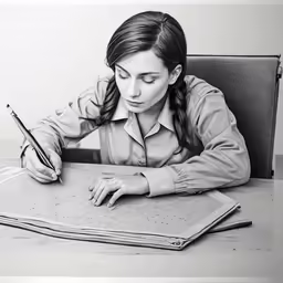 a lady sitting at a table writing in front of a spiral notebook