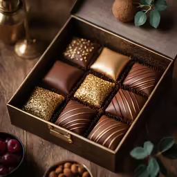box filled with a variety of chocolates sitting next to bowl of candies