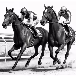 black and white photograph of jockeys on horses racing on track