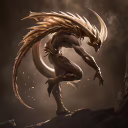 a creature with long hair, and gold claws, on the rocks
