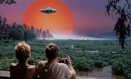two people sitting on a bench with a view of a plane in the sky