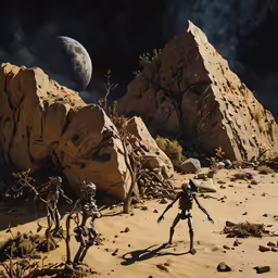 two alien figurines stand outside near a rocky mountain