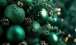 a close - up photo of green ornaments on a green christmas tree