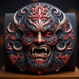 an ornate wooden mask sits on display