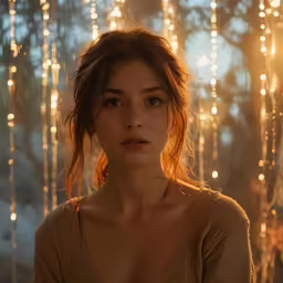 a woman is standing in front of some string lights