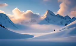 a snow covered hill with mountains in the background