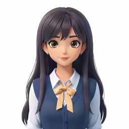 an animation girl with black hair and an orange bow in her hair