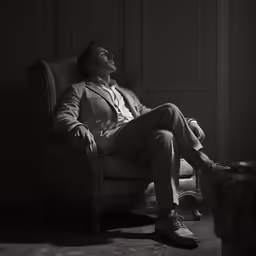 a man in a suit, sitting in a chair with his head turned to the side