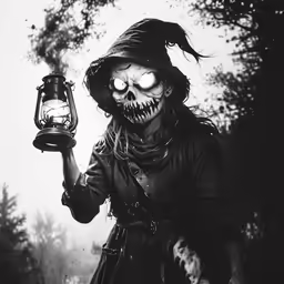 a creepy person in the woods with a lantern