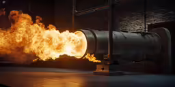 a steel barrel with flame coming out of it