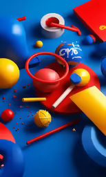 this is a picture of a red and yellow toys on blue ground