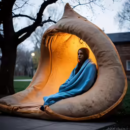 a woman is sitting in a bed shaped like an umbrella