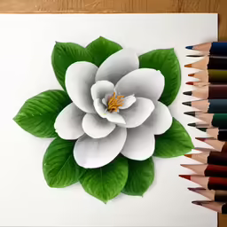 a white flower is laying on top of a piece of paper with some colored pencils next to it