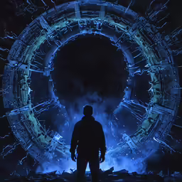 a man is standing in a dark tunnel with glowing lights on the walls