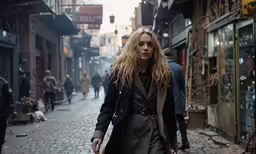 a woman walking down a street with her jacket on