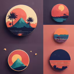 a few plates sitting on top of a table,six circular pictures with different scenes of tropical scenes