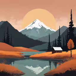 an image of a mountain scene painted with acrylic paint,a beautiful painting of a snowy mountain scene with a house