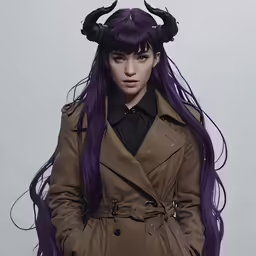 the woman with long hair and horns is wearing a coat
