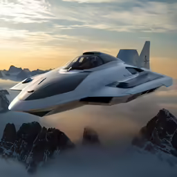 a futuristic airplane in the air over the mountains